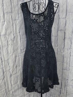 Ingear Black Crochet Knit Swim Cover-Up Dress Sleeveless Beach OS